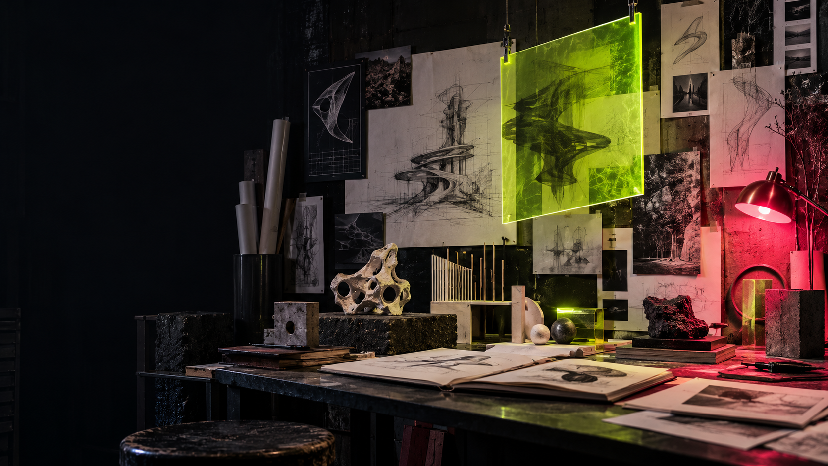 Generated editorial artwork of sketches, models and emerging creative projects.